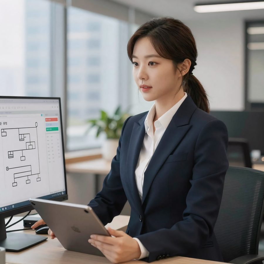 태블릿으로 업무 자동화 현황을 확인하는 전문가